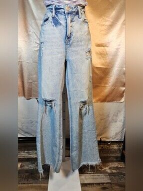 RISEN High Rise Distressed Wide Leg Jeans Size 9/29 Acid Wash Raw Hem
